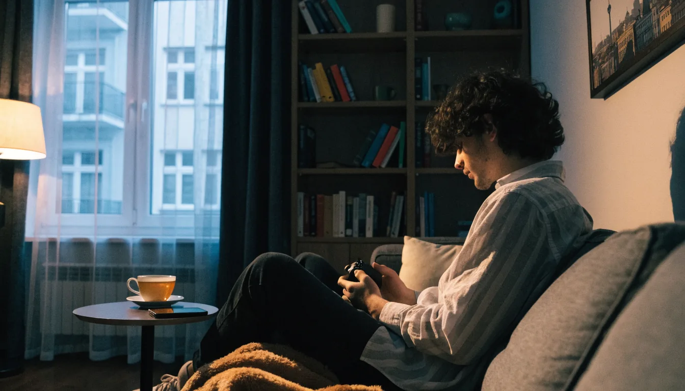 Junger Mann entspannt abends auf dem Sofa in modernem deutschen Wohnzimmer