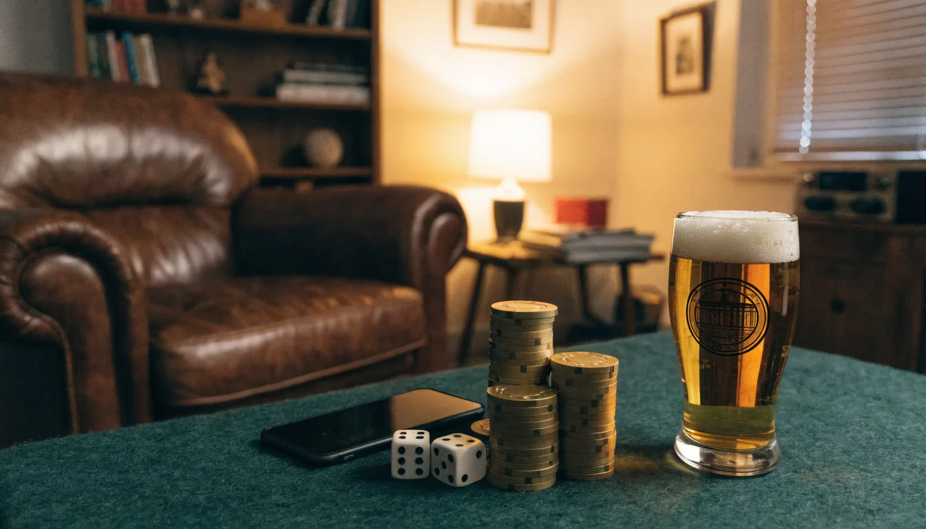 Smartphone mit Casino-Chips, Würfeln und Bierglas auf einem Spieltisch im deutschen Wohnzimmer.