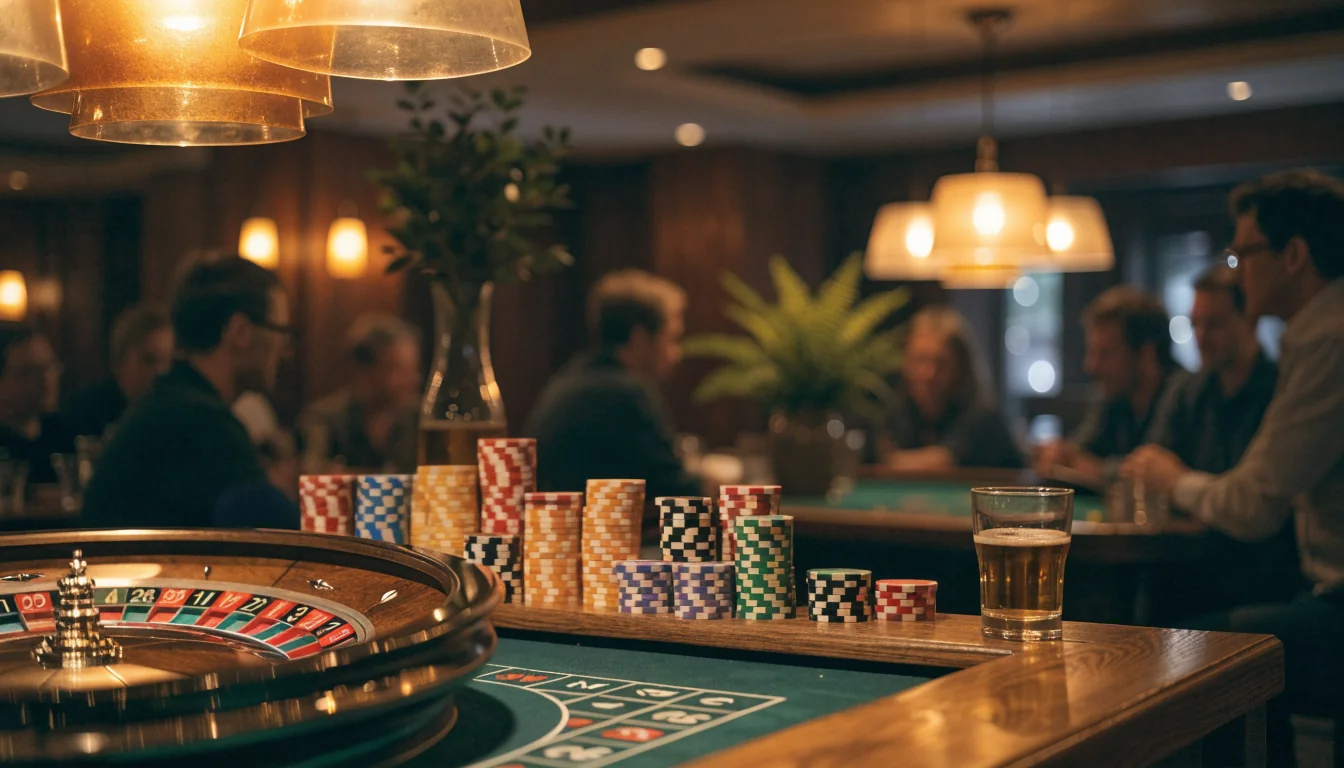 Casino-Lounge mit Roulette, Spielchips und Bier in warmem Licht