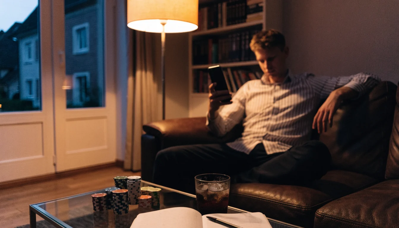 Junger Mann auf dem Sofa mit Casino-Chips und Smartphone