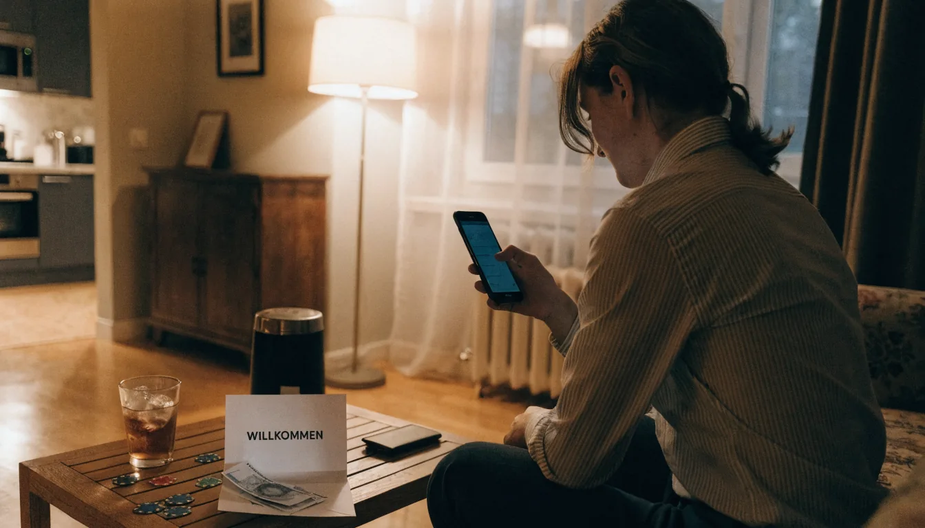 Person mit Smartphone im Wohnzimmer, Casino-Chips und ein Umschlag mit Euro-Bonus auf dem Tisch.