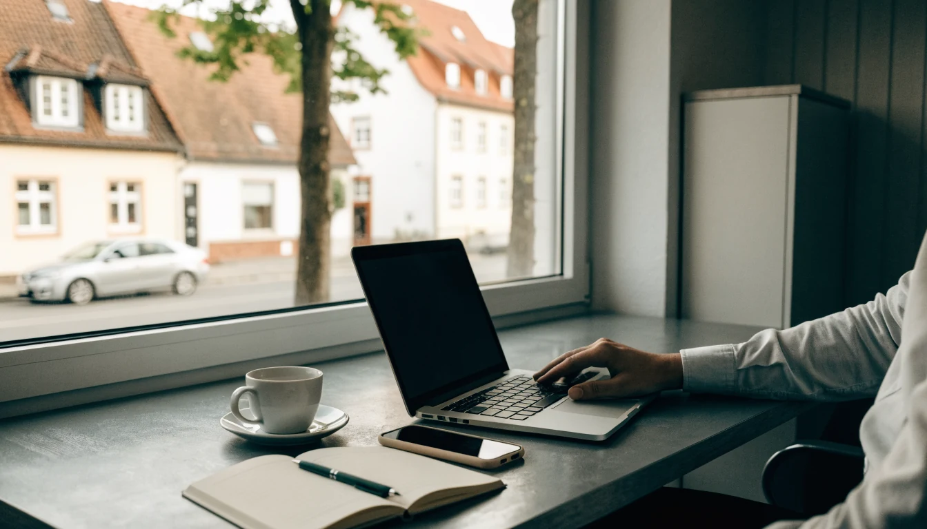 Moderner deutscher Arbeitsplatz mit Laptop und Telefon für Kontaktaufnahme.