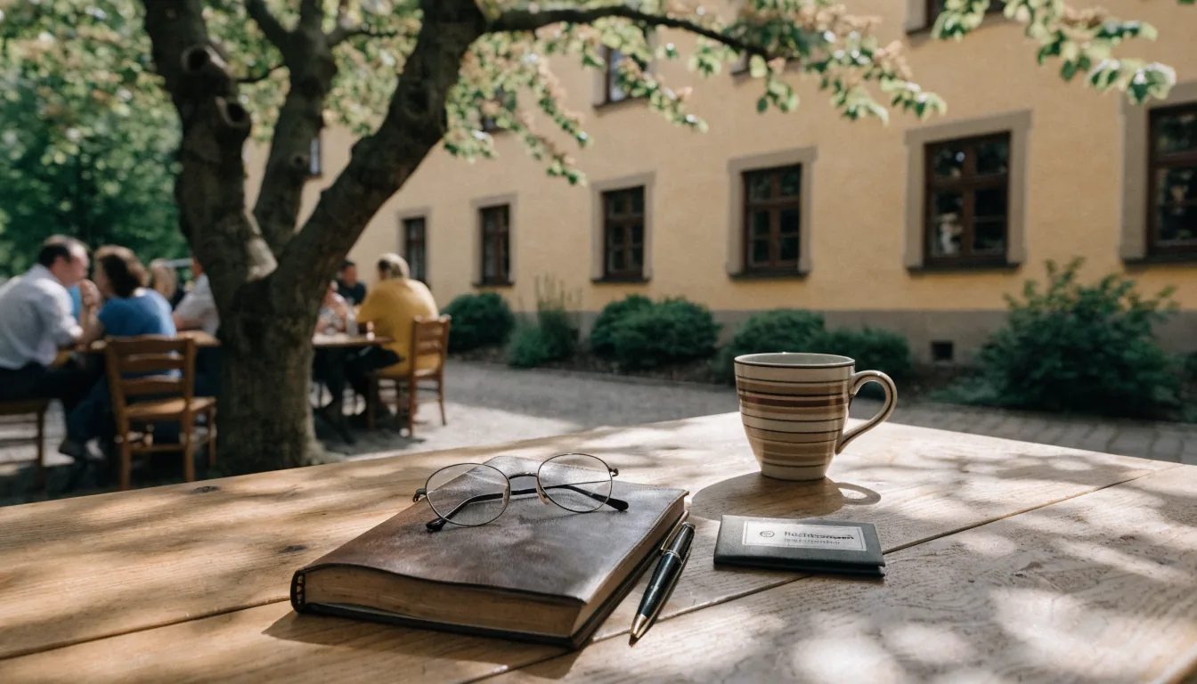 Ledergebundenes Notizbuch mit Kugelschreiber auf einem Holztisch im Biergarten, daneben Dokumentenmappe und Kaffeetasse