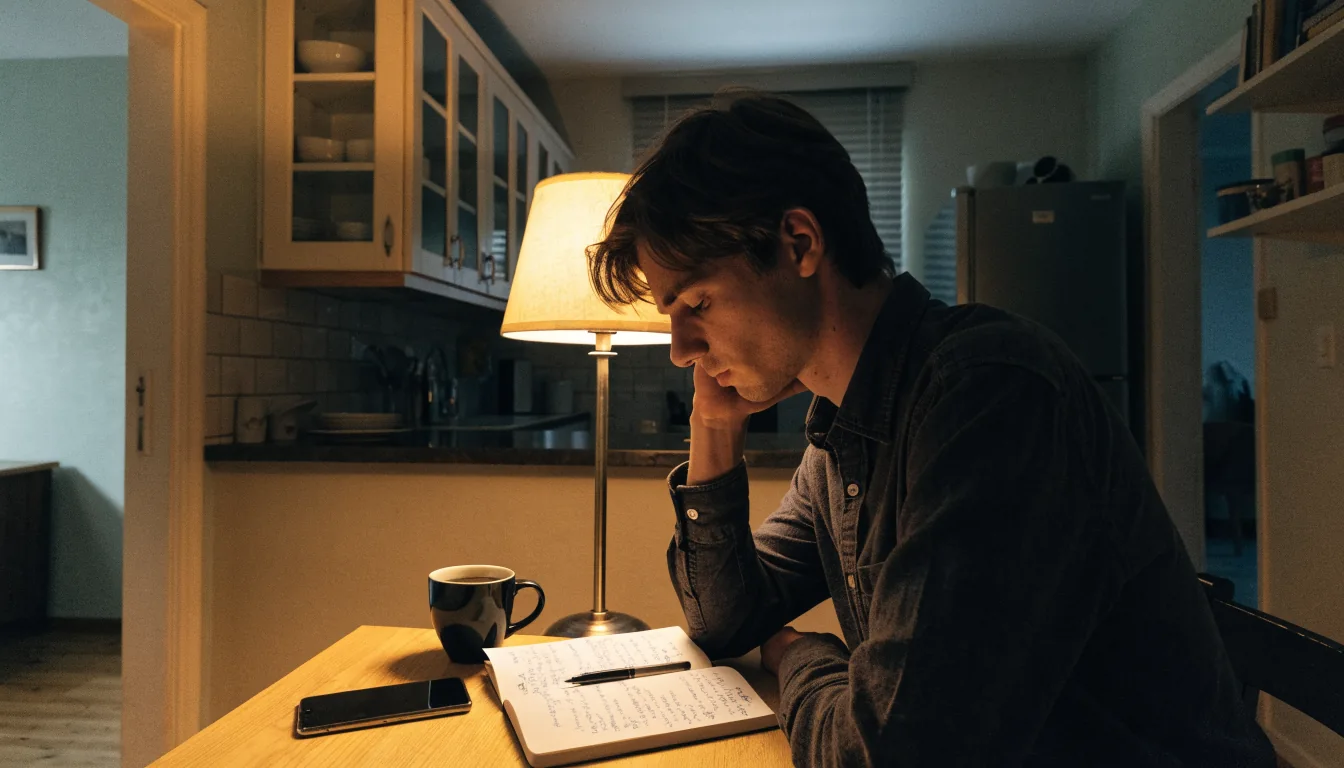 Nachdenklicher Mann abends am Küchentisch mit zugeklapptem Smartphone und Notizbuch.